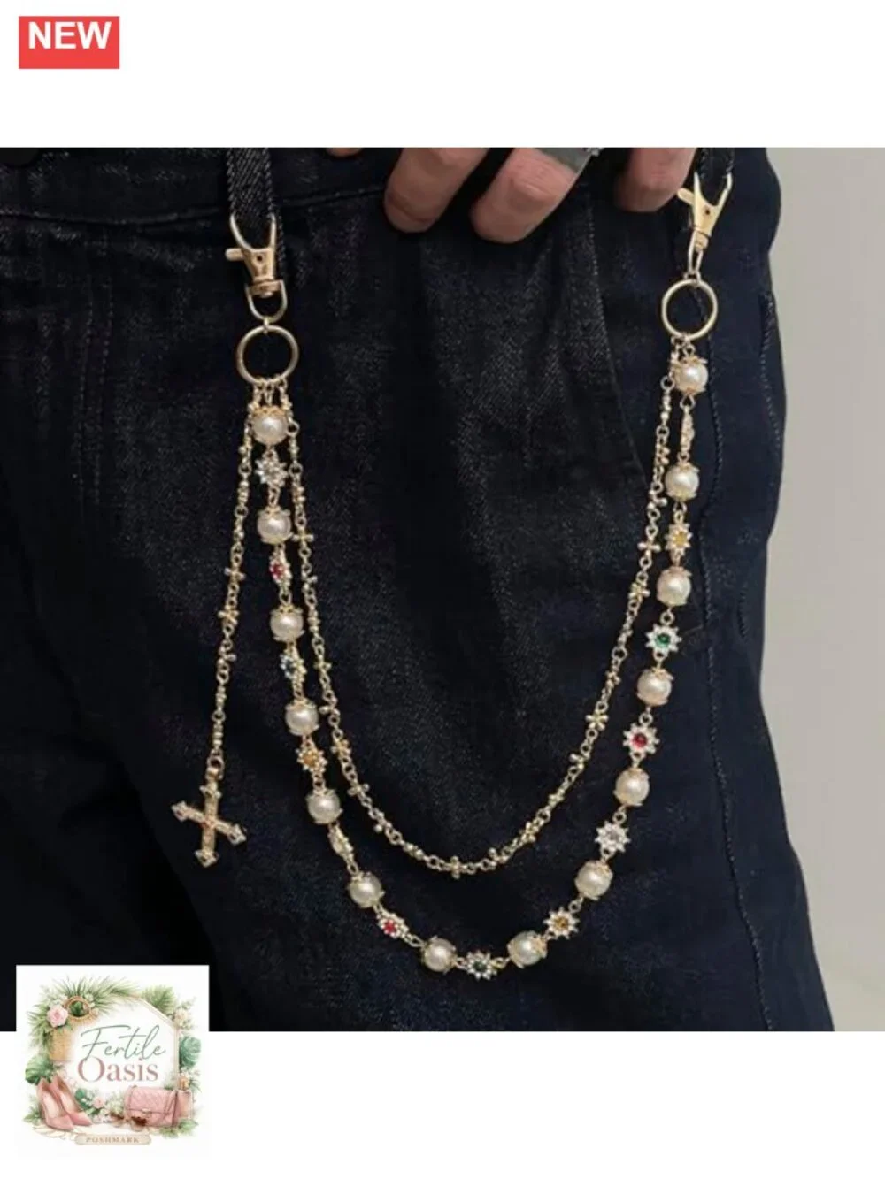 Layered Wallet Chain Pants Chain Rhinestone Flower Pearl Jean Pocket Chain